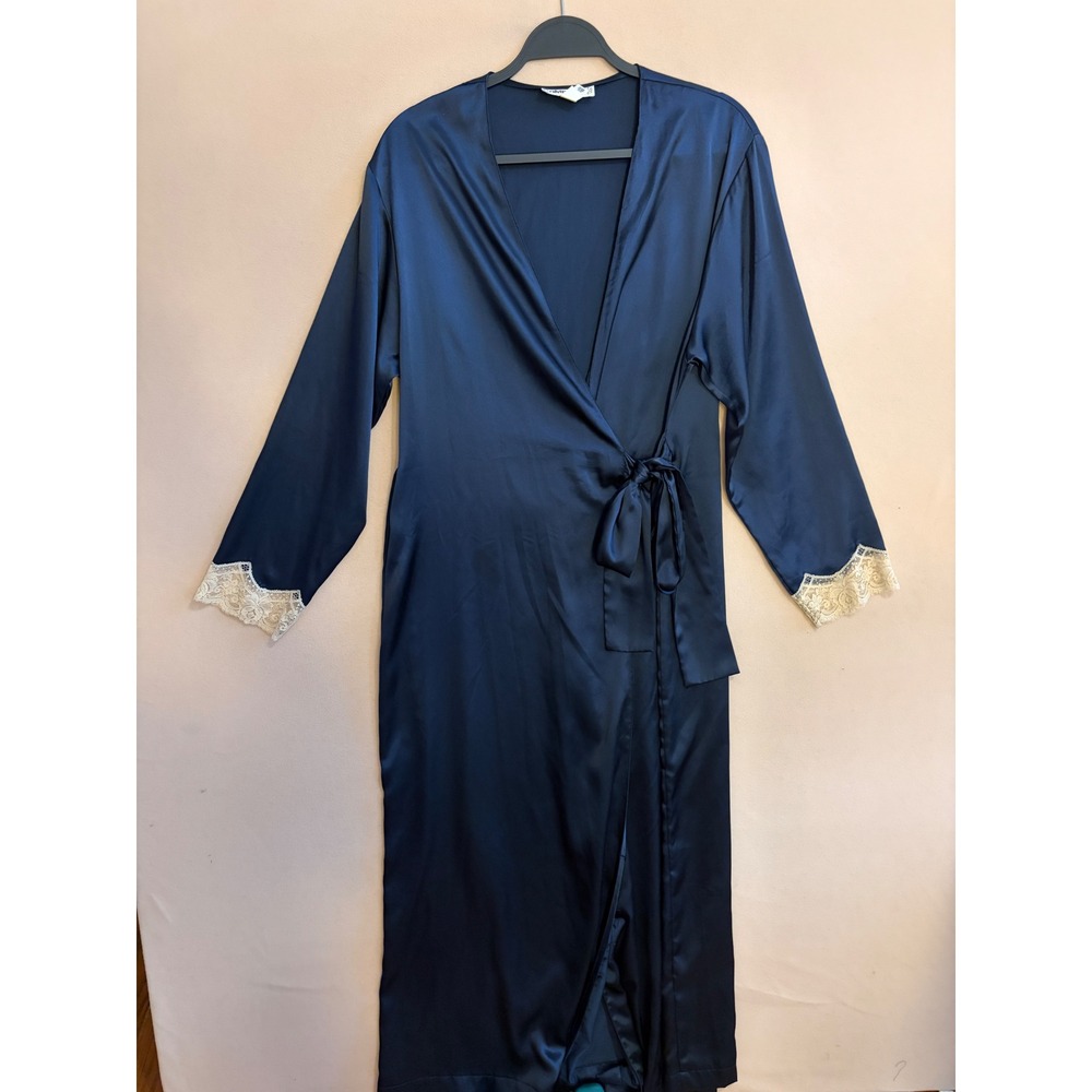 Calvin Klein Robe Womens Small Navy Blue Vintage Satin Lace Trim Long Kimono